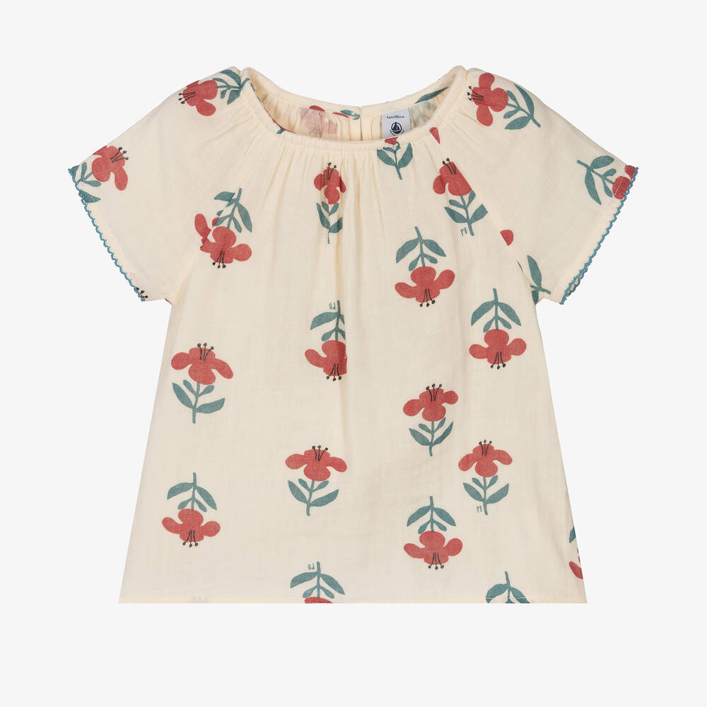 Petit Bateau - Кремовая блузка из органического хлопка с цветами | Childrensalon