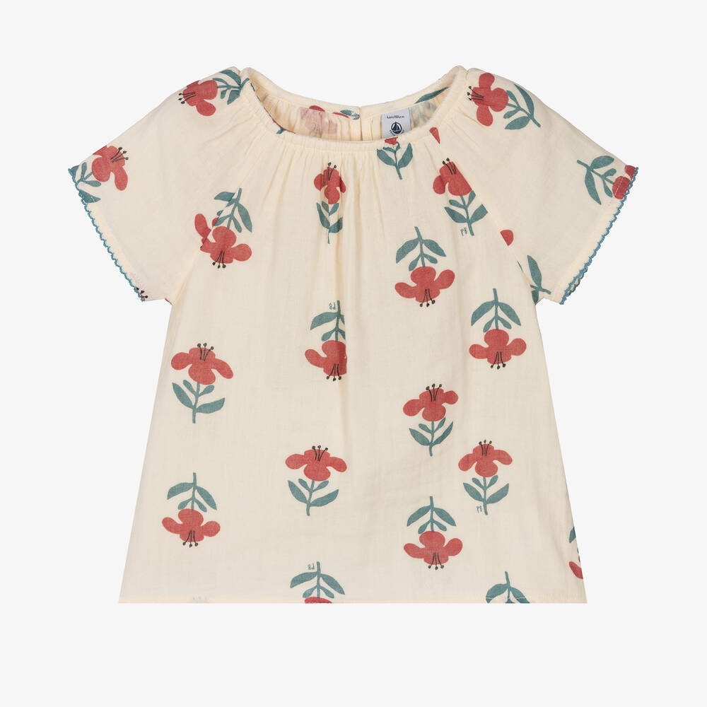 Petit Bateau - Girls Ivory Floral Organic Cotton Blouse | Childrensalon