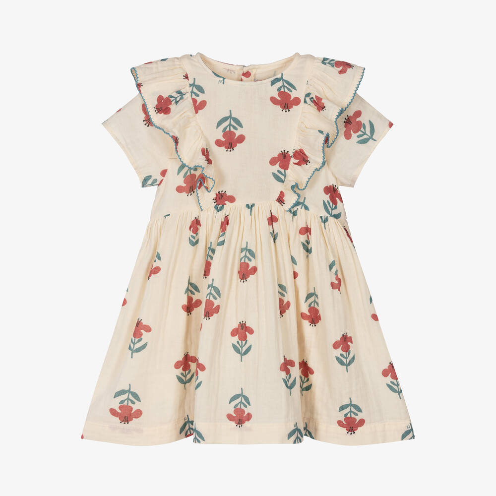 Petit Bateau - Biobaumwoll-Blumenkleid elfenbein  | Childrensalon