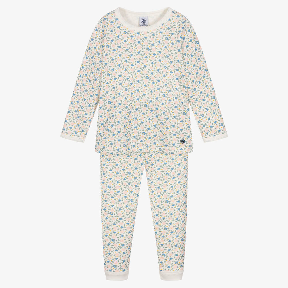 Petit Bateau - Girls Ivory Floral Organic Cotton Pyjamas | Childrensalon