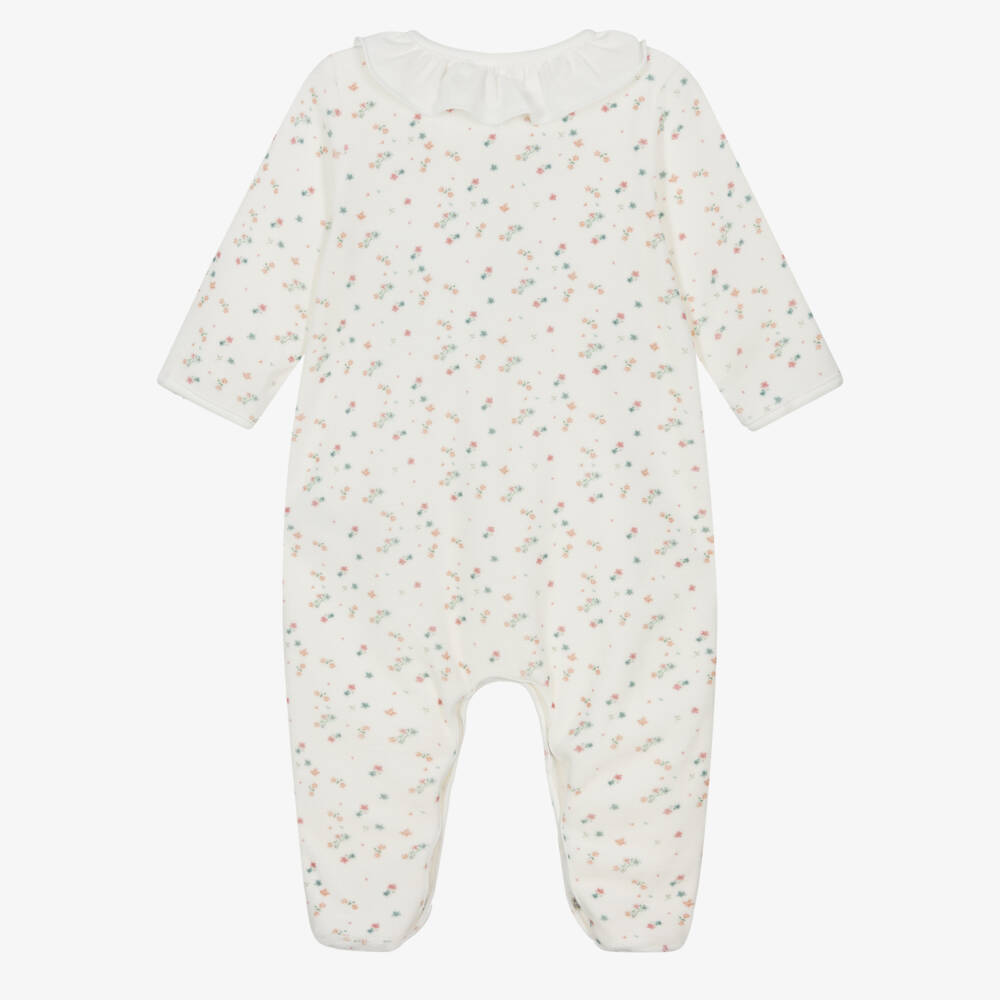 Petit Bateau-Ivory Floral Velour Babygrow with Ruffle Collar | Childrensalon Outlet