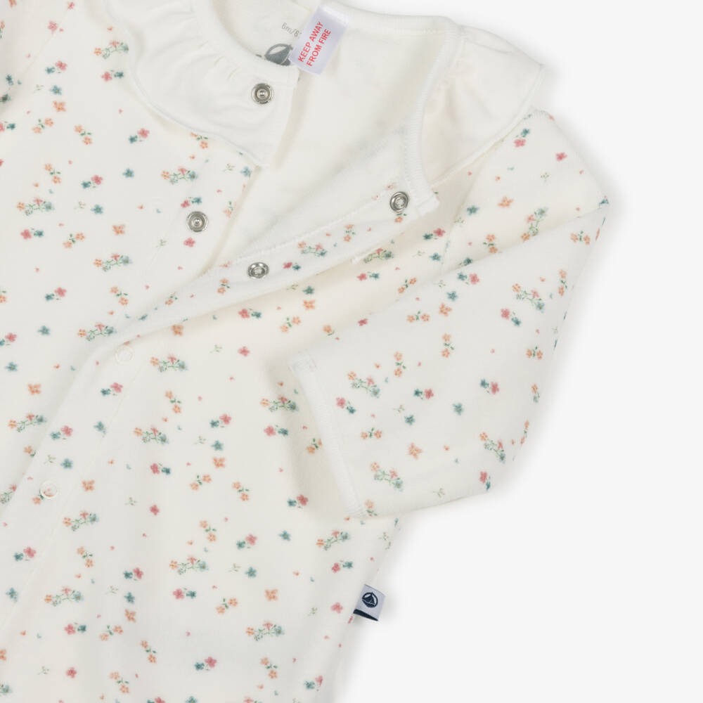 Petit Bateau-Ivory Floral Velour Babygrow with Ruffle Collar | Childrensalon Outlet
