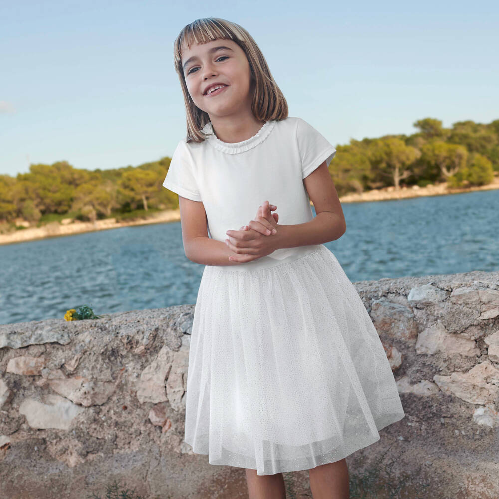 Petit Bateau-Girls Ivory & Gold Sparkle Tulle Gown | Childrensalon Outlet