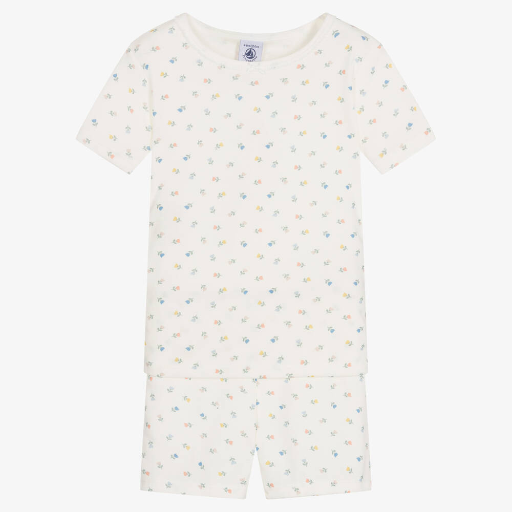 Petit Bateau - Girls Ivory Organic Cotton Floral Pyjamas | Childrensalon