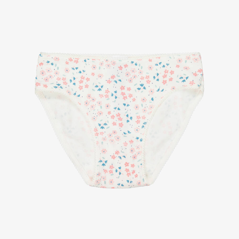 Petit Bateau-Girls Ivory & Pink Cotton Jersey Floral Knickers (3 Pack) | Childrensalon Outlet
