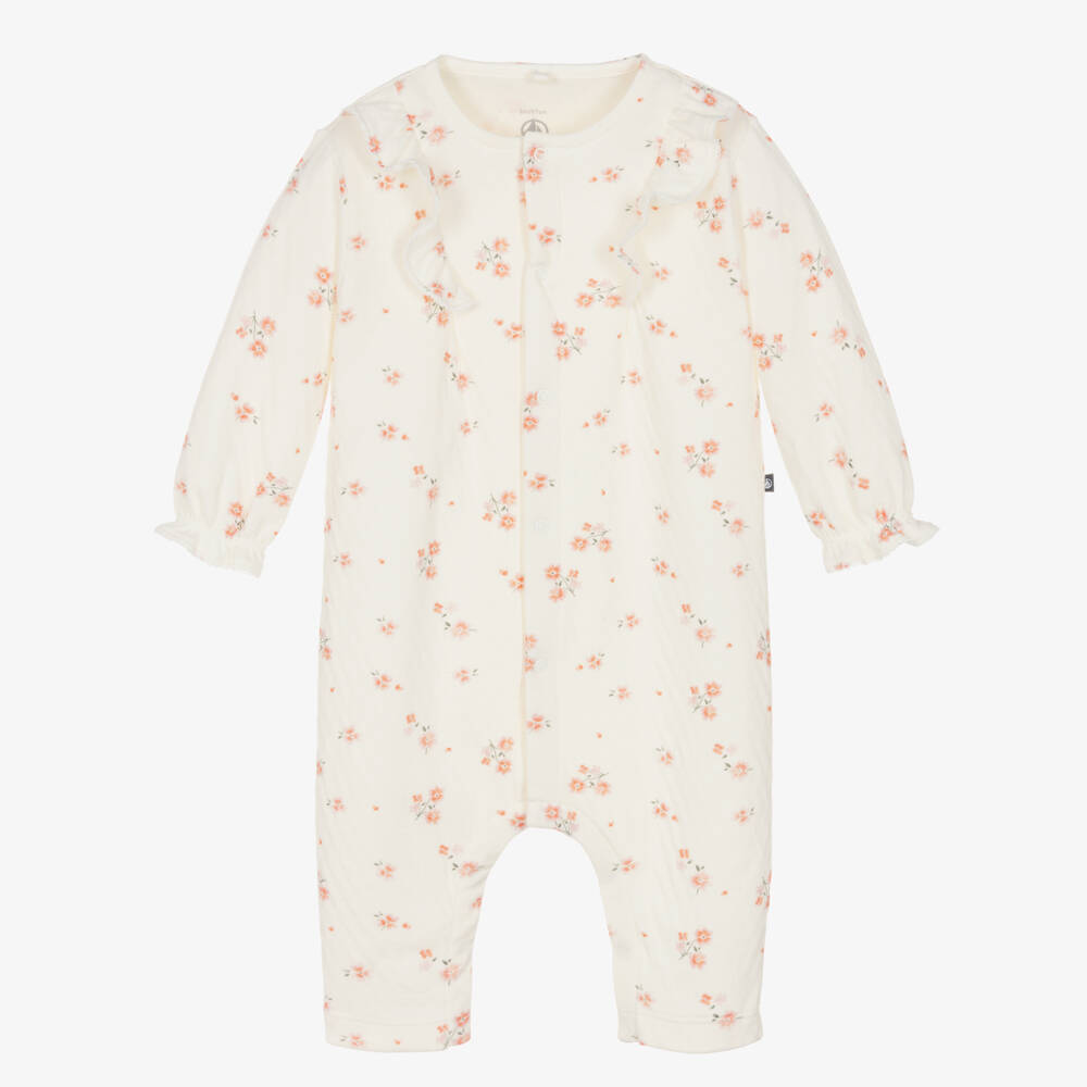 Petit Bateau-Girls Ivory & Pink Floral Cotton Babysuit | Childrensalon Outlet