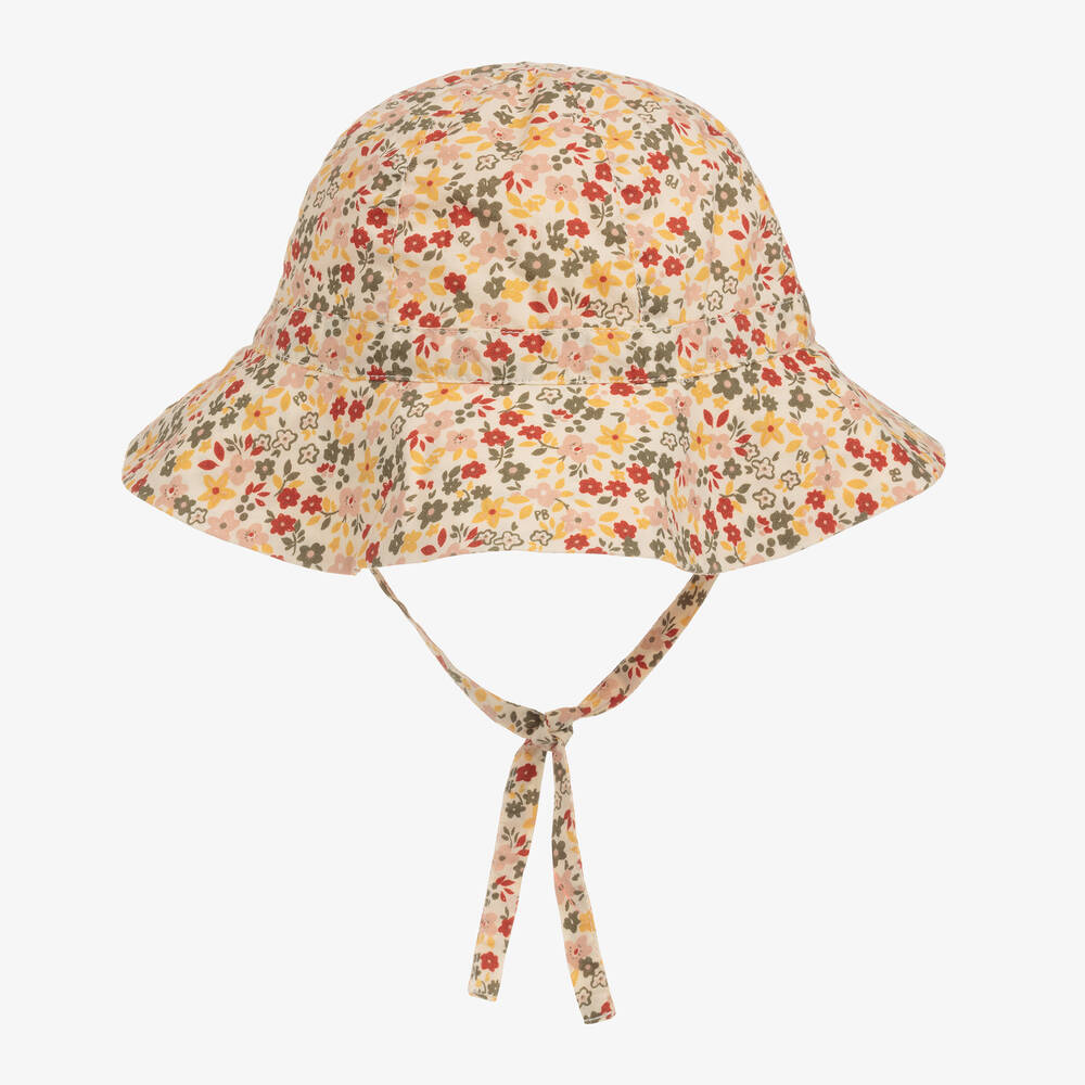 Petit Bateau - قبعة للشمس قطن لون عاجي وزهري بطبعة ورود | Childrensalon