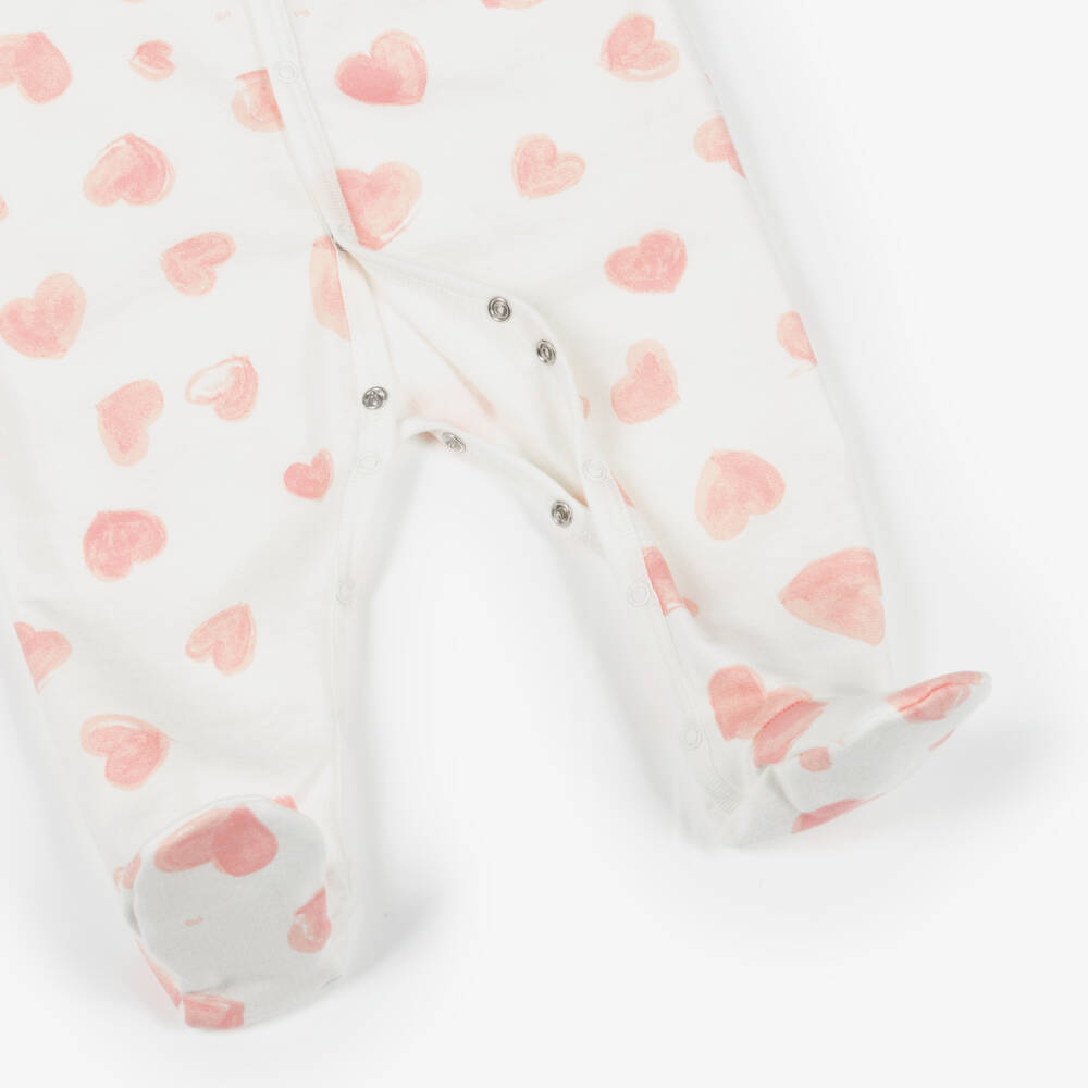 Petit Bateau-Girls Ivory & Pink Heart Organic Cotton Jersey Babygrow | Childrensalon Outlet