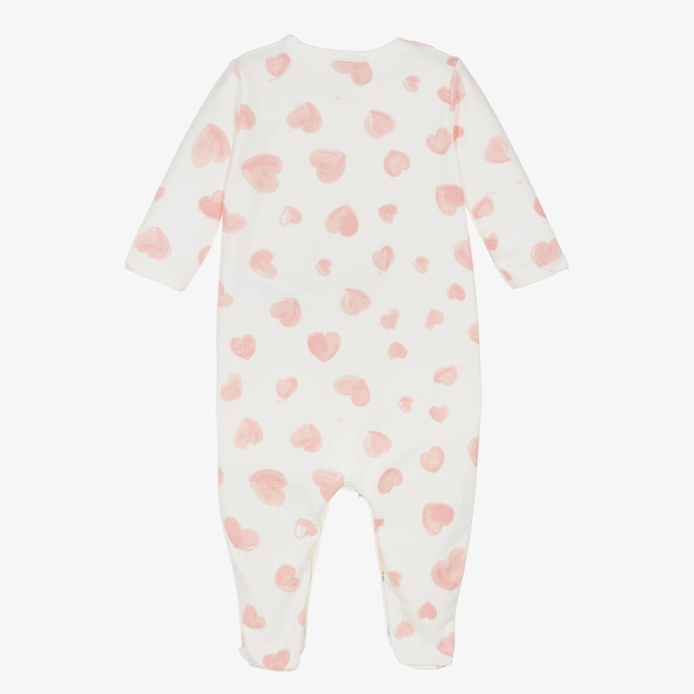 Petit Bateau-Girls Ivory & Pink Heart Organic Cotton Jersey Babygrow | Childrensalon Outlet