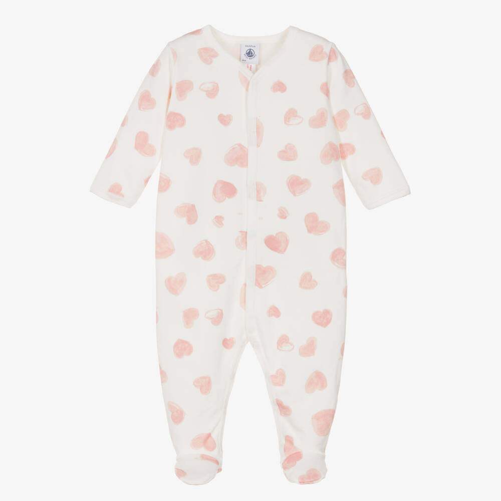 Petit Bateau-Girls Ivory & Pink Heart Organic Cotton Jersey Babygrow | Childrensalon Outlet
