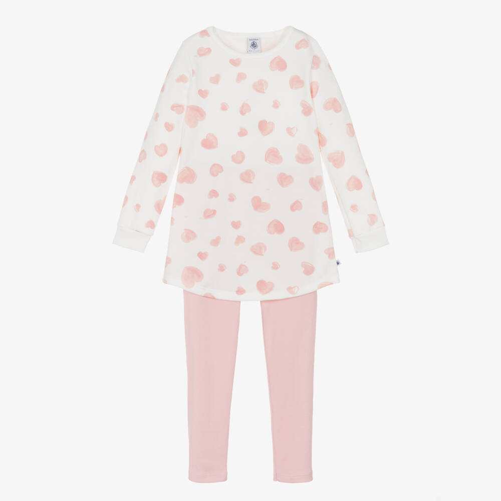 Petit Bateau-Girls Ivory & Pink Heart Organic Cotton Jersey Pyjamas | Childrensalon Outlet