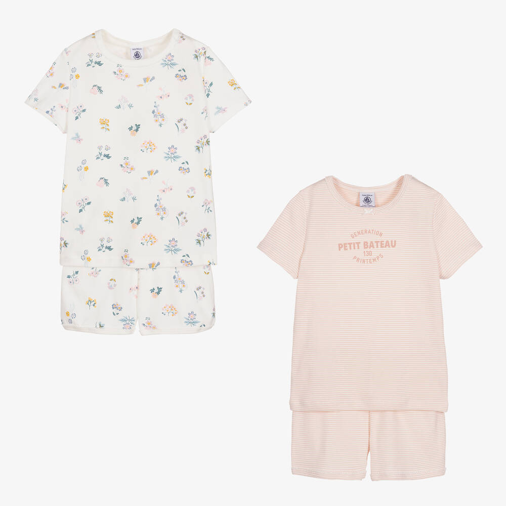 Petit Bateau - Girls Ivory & Pink Pyjamas (2 Pack) | Childrensalon