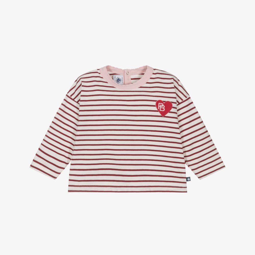 Petit Bateau-Girls Ivory & Red Breton Stripe Cotton Top with Heart Logo | Childrensalon Outlet