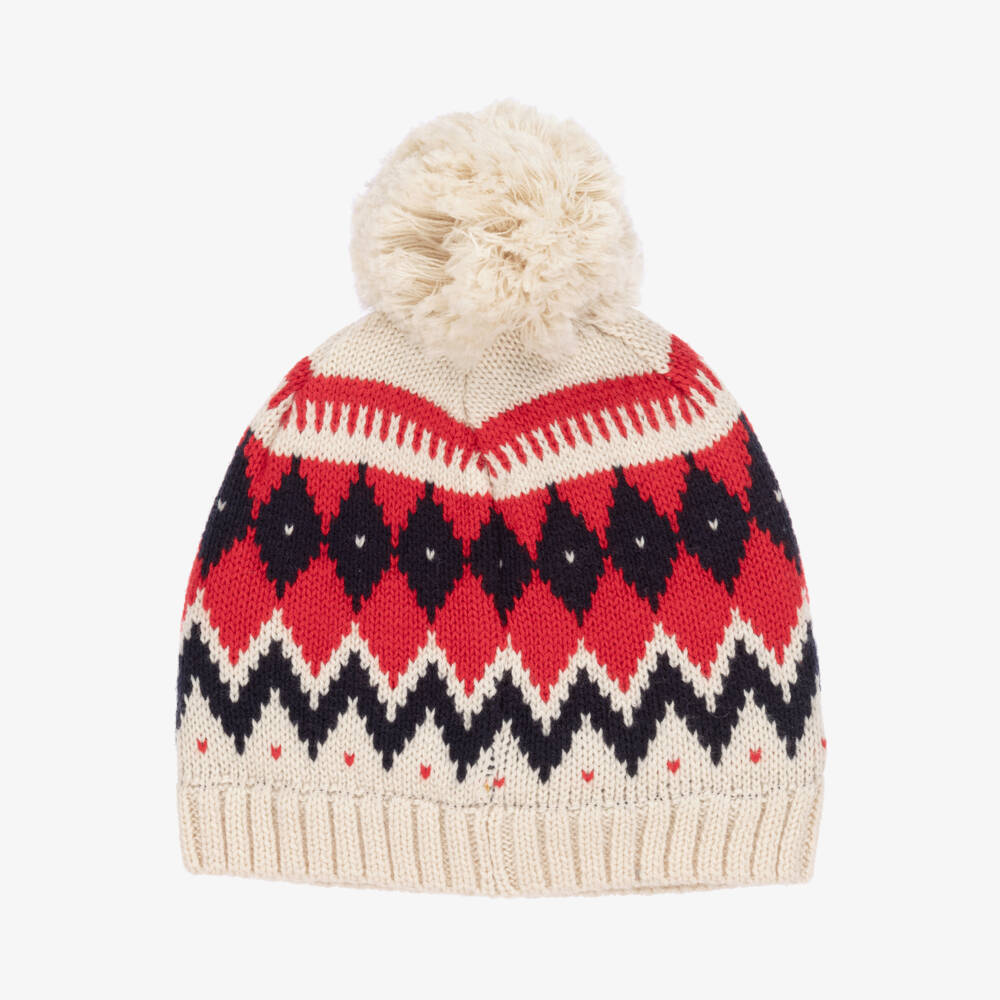 بتي باتو-قبعة بوم بوم مزيج صوف وقطن لون عاجي وأحمر للأطفال | Childrensalon Outlet