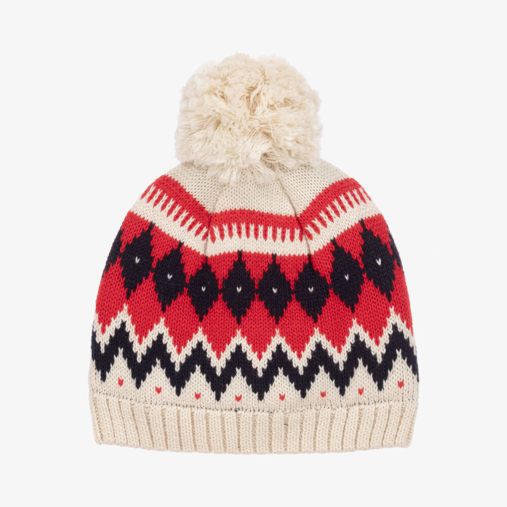 Petit Bateau-قبعة بوم بوم مزيج صوف وقطن لون عاجي وأحمر للأطفال | Childrensalon Outlet