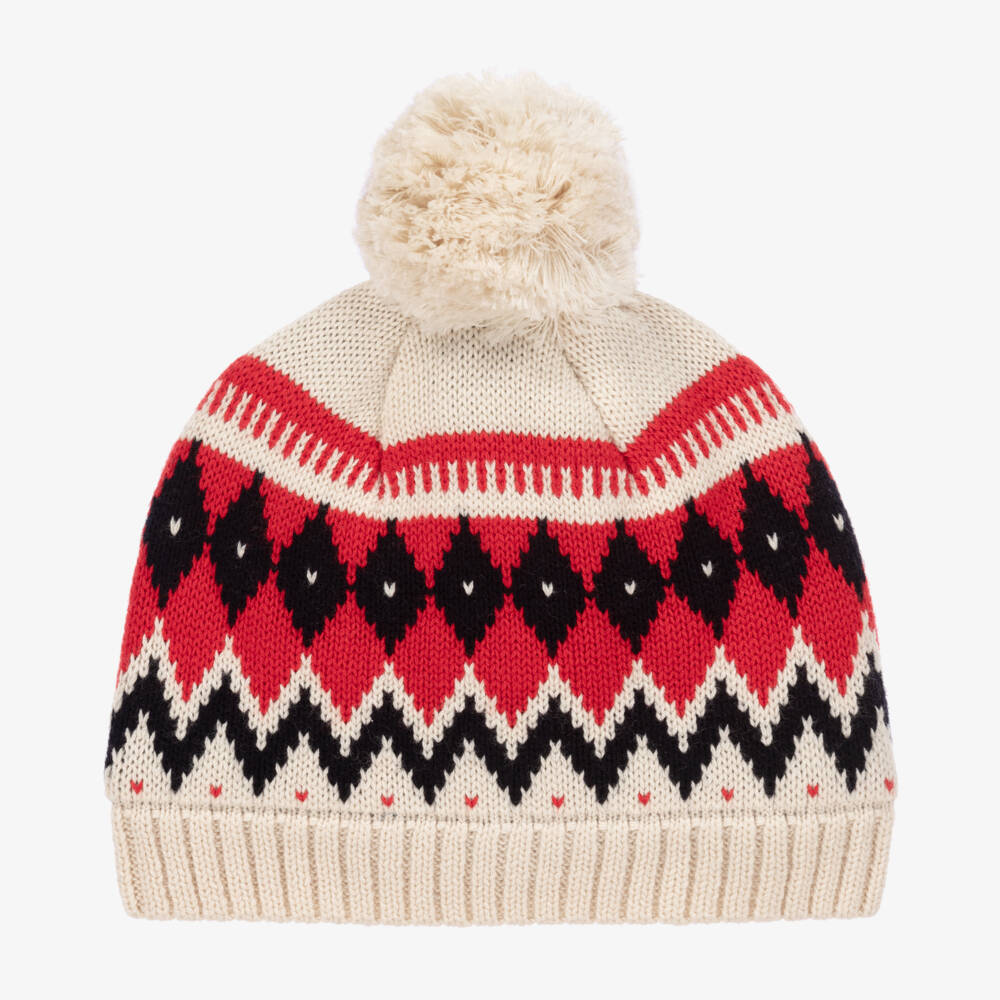 Petit Bateau-قبعة بوم بوم مزيج صوف وقطن لون عاجي وأحمر | Childrensalon Outlet
