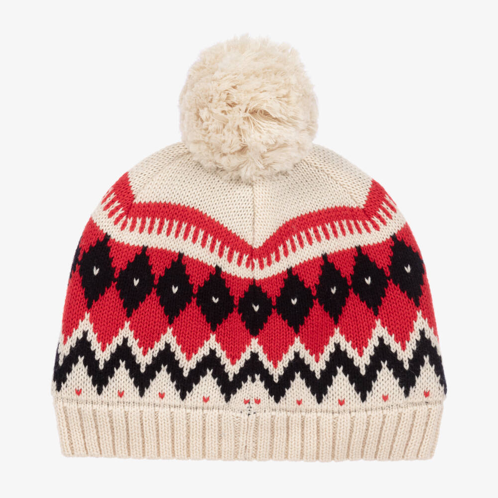 بتي باتو-قبعة بوم بوم مزيج صوف وقطن لون عاجي وأحمر | Childrensalon Outlet