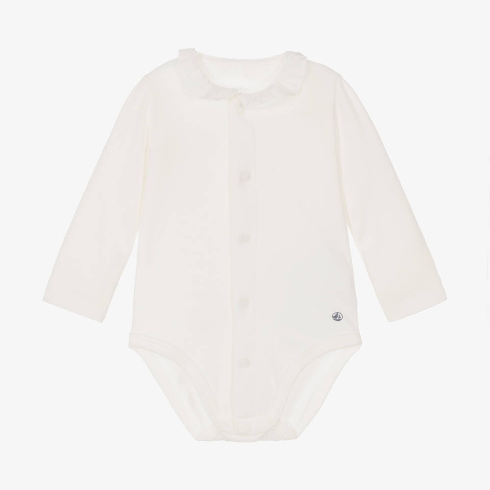 Petit Bateau-Girls Ivory Ruffle Collar Bodysuit | Childrensalon Outlet