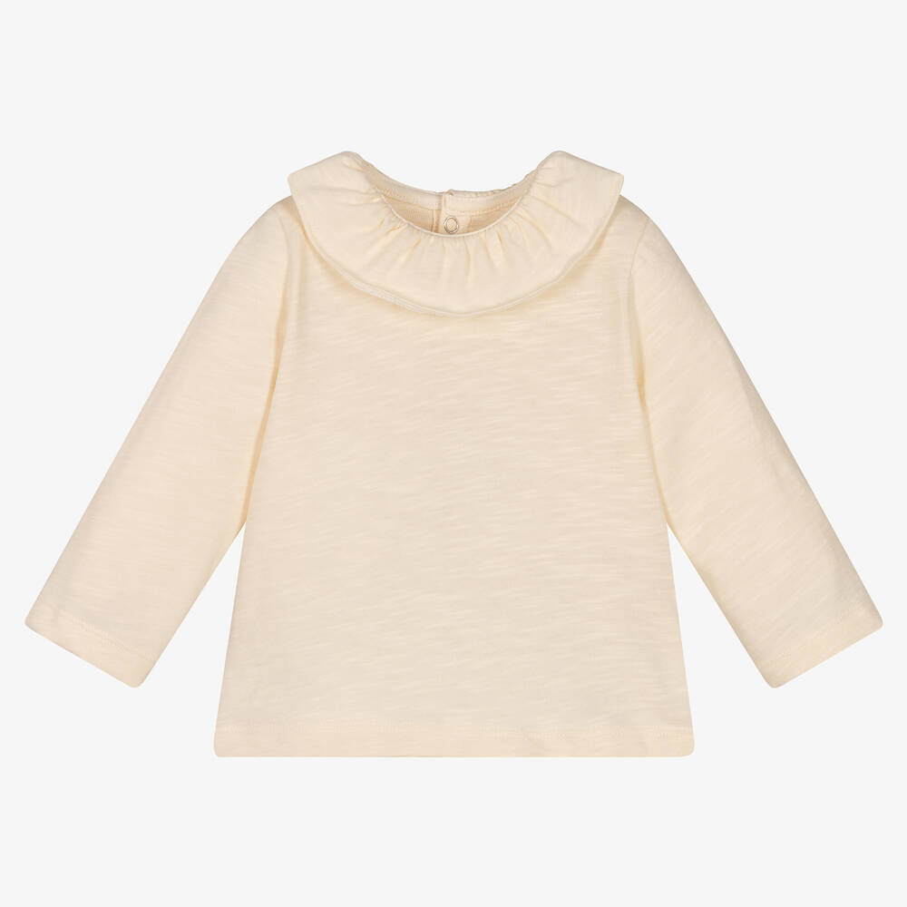 Petit Bateau - Girls Ivory Ruffle Collar Cotton Top | Childrensalon