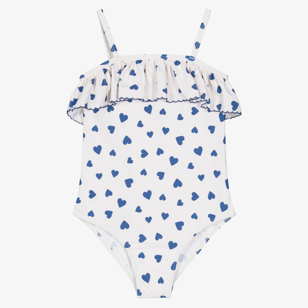 Petit Bateau-Girls Ivory Ruffle Swimsuit with Blue Hearts | Childrensalon Outlet