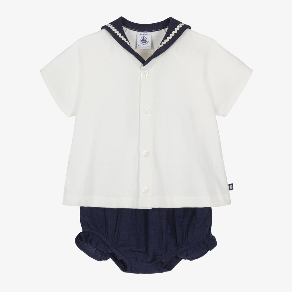 Petit Bateau-Girls Ivory Sailor Top & Navy Blue Shorts Set | Childrensalon Outlet
