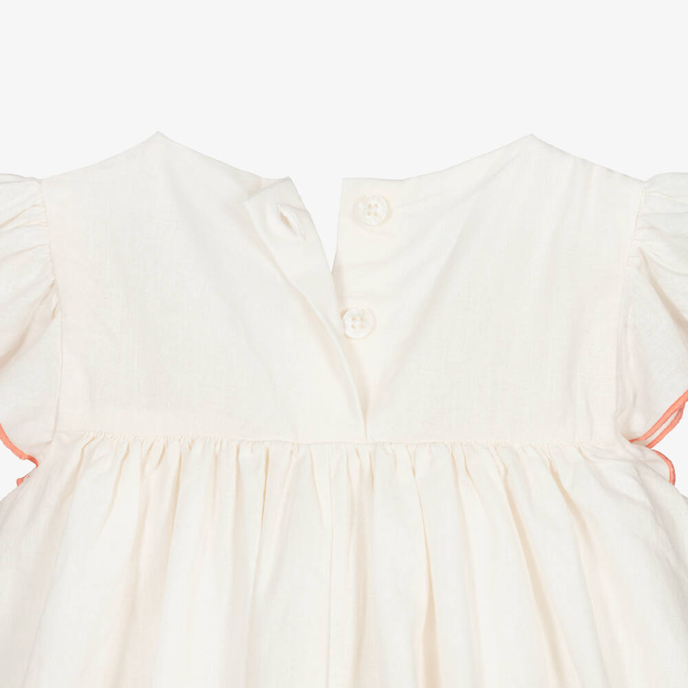 Petit Bateau-Girls Ivory Smocked Cotton & Linen Dress | Childrensalon Outlet