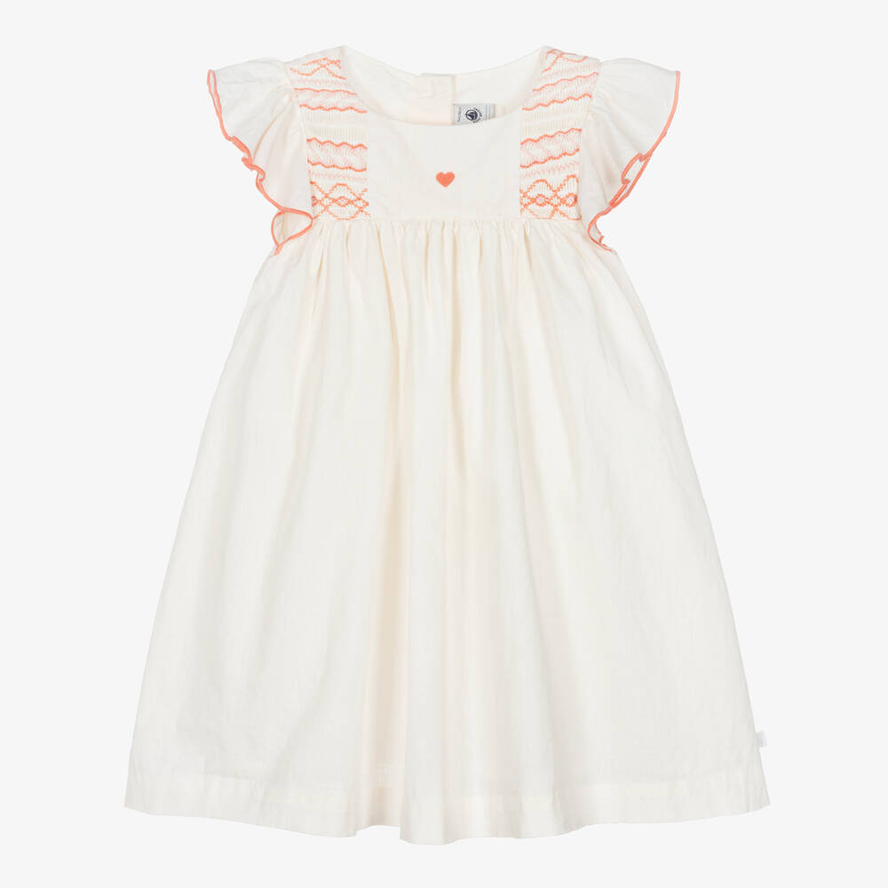 Petit Bateau-Girls Ivory Smocked Cotton & Linen Dress | Childrensalon Outlet