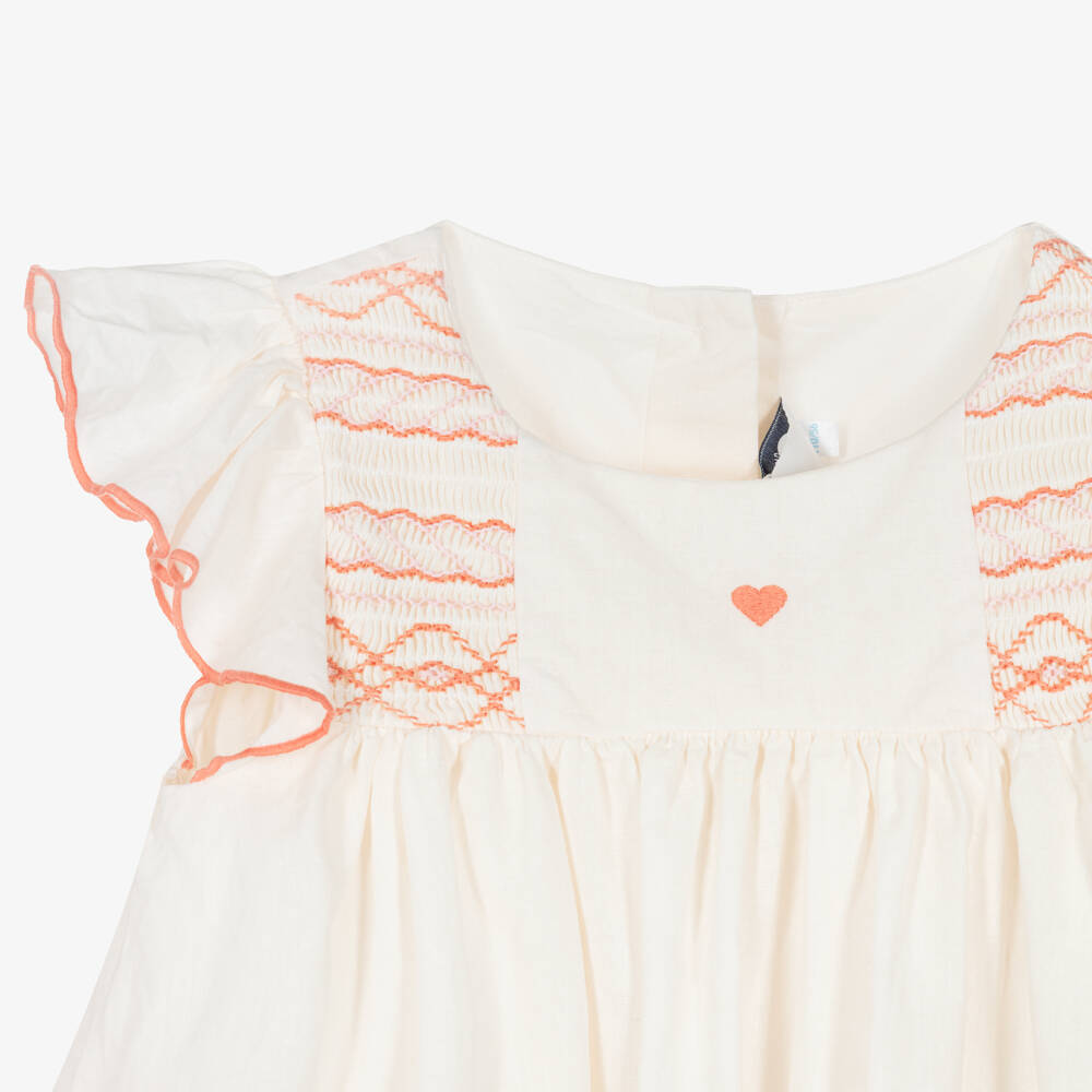 Petit Bateau-Girls Ivory Smocked Cotton & Linen Dress | Childrensalon Outlet