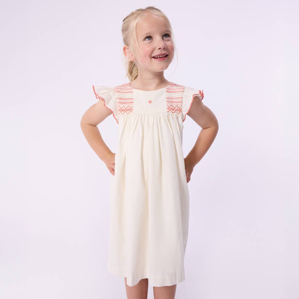 Petit Bateau-Girls Ivory Smocked Cotton & Linen Dress | Childrensalon Outlet