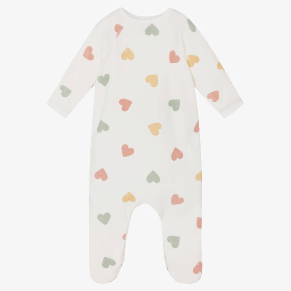 Petit Bateau-Girls Ivory Velour Heart Babygrow | Childrensalon Outlet