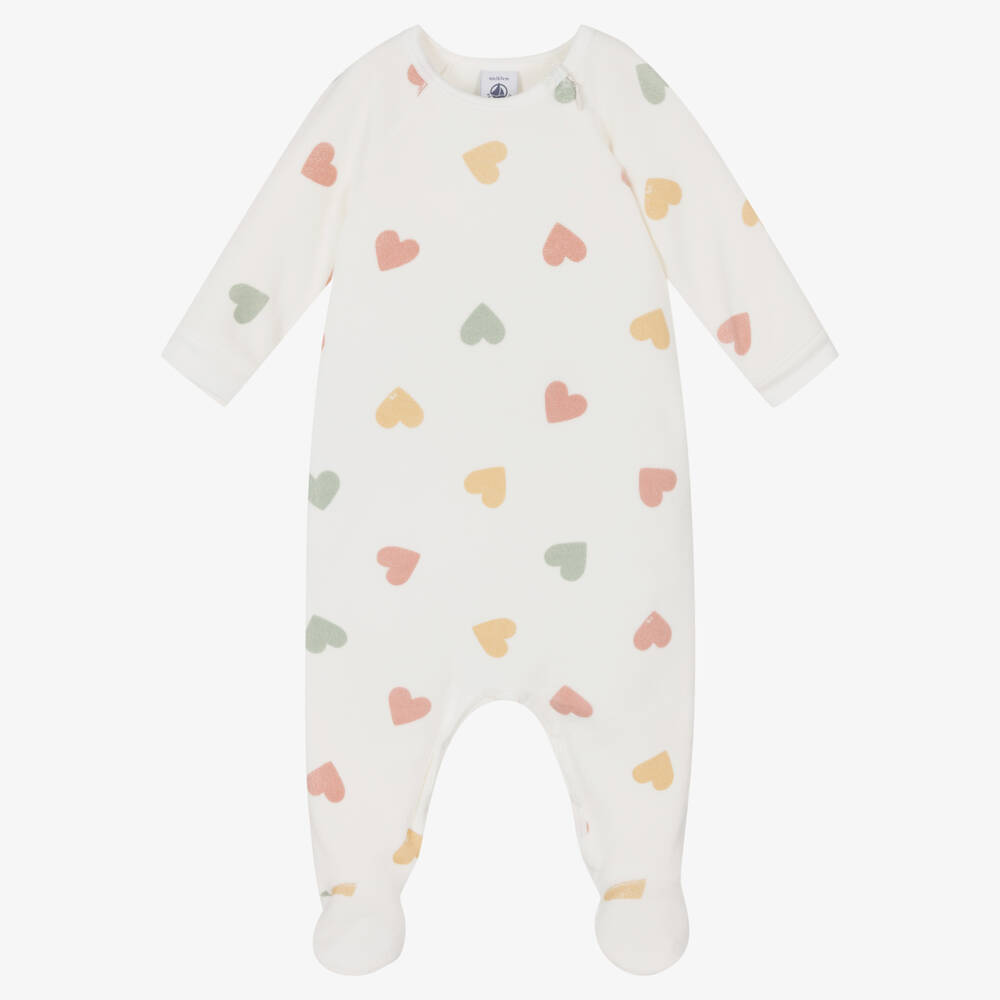 Petit Bateau - Velours-Herzstrampler in Elfenbein | Childrensalon