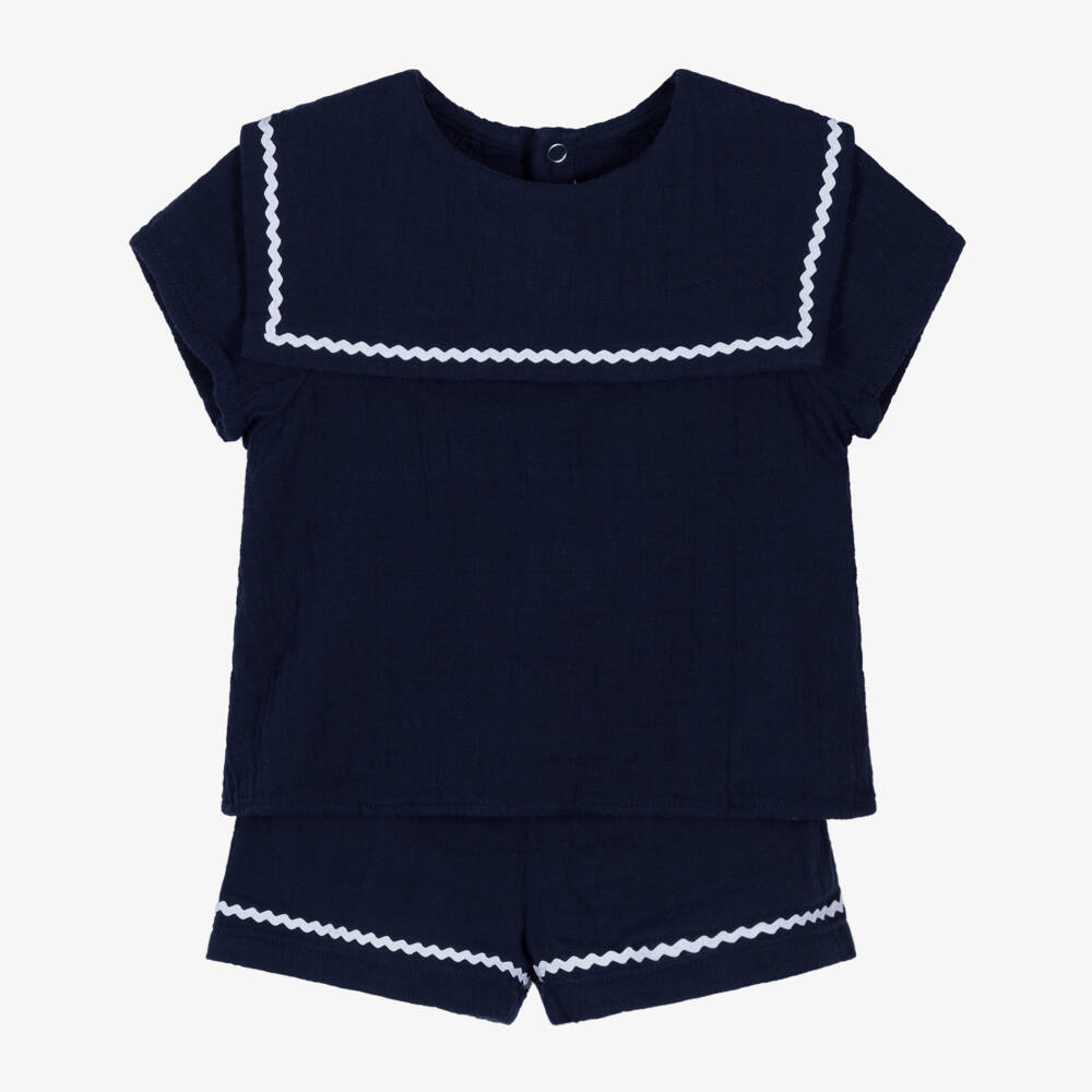 Petit Bateau-Girls Nautical Blue Cotton Ensemble | Childrensalon Outlet