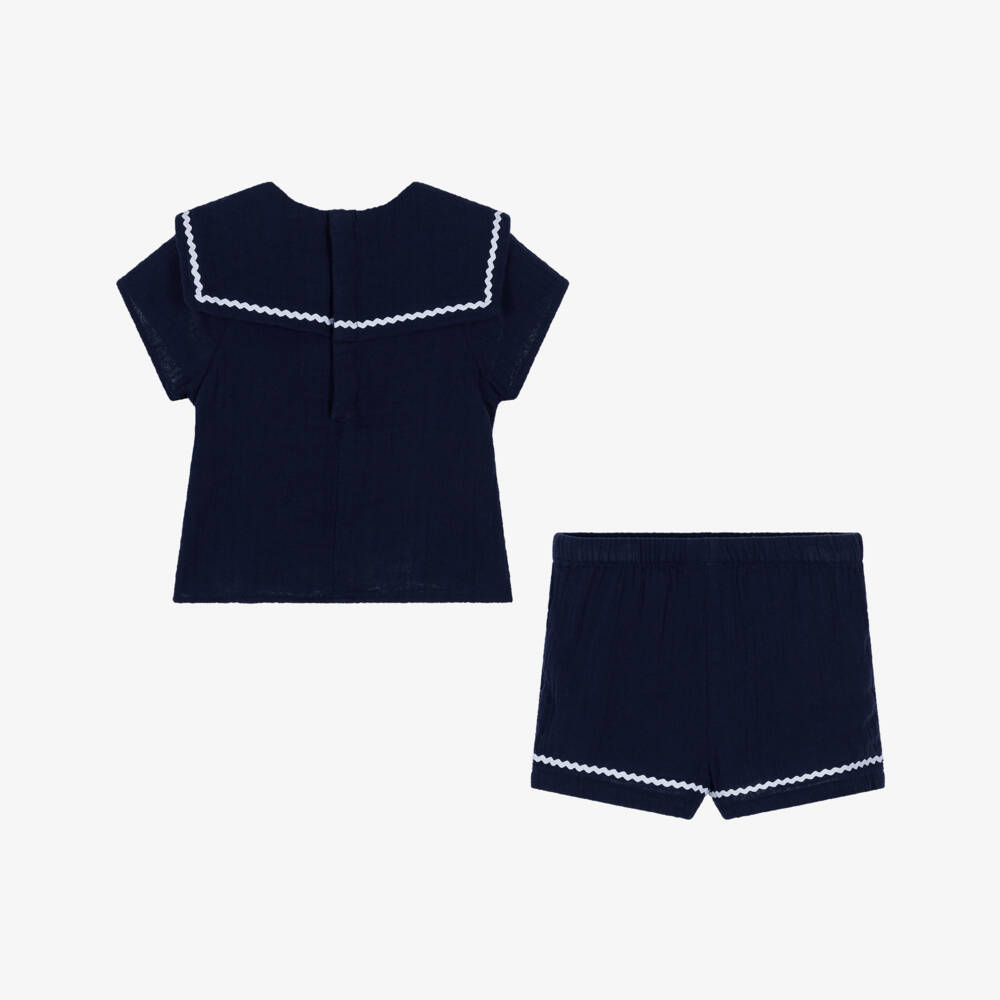 Petit Bateau-Girls Nautical Blue Cotton Ensemble | Childrensalon Outlet