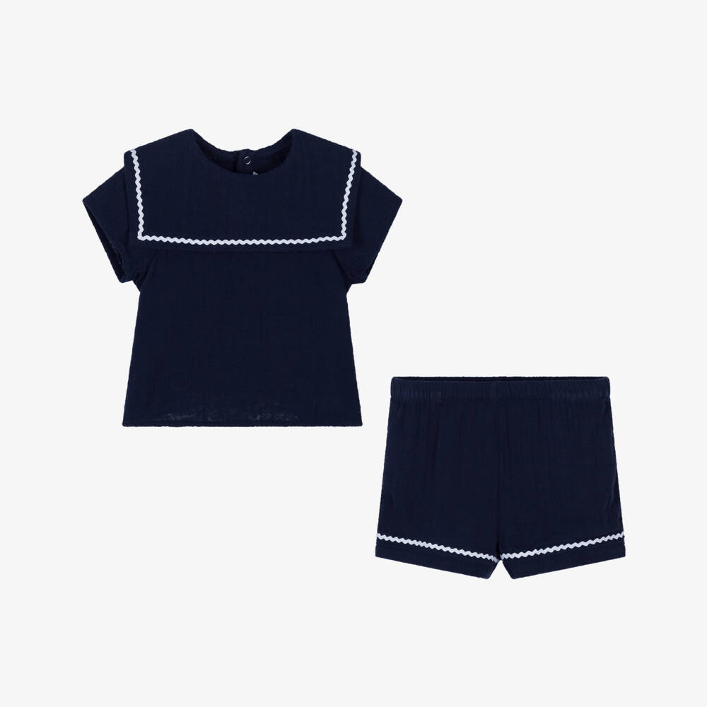 Petit Bateau-Girls Nautical Blue Cotton Ensemble | Childrensalon Outlet
