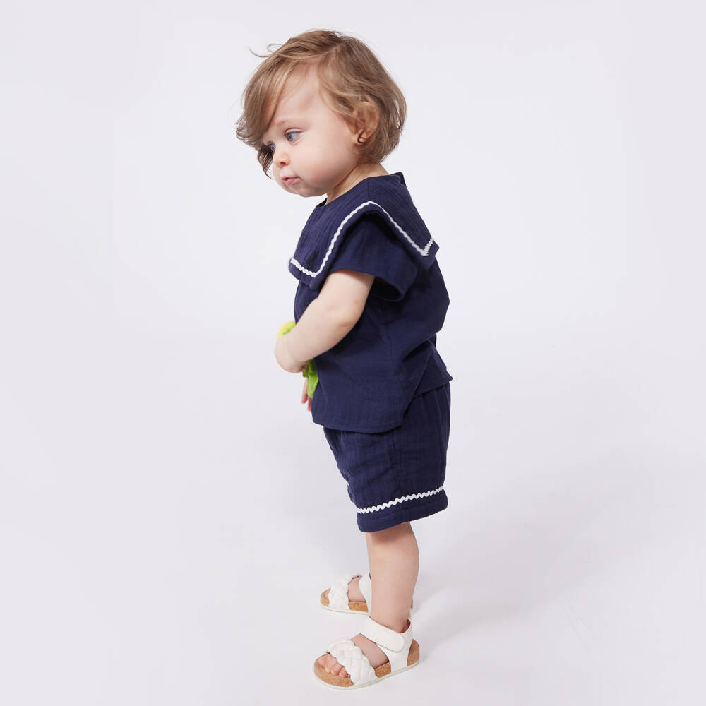 Petit Bateau-Girls Nautical Blue Cotton Ensemble | Childrensalon Outlet