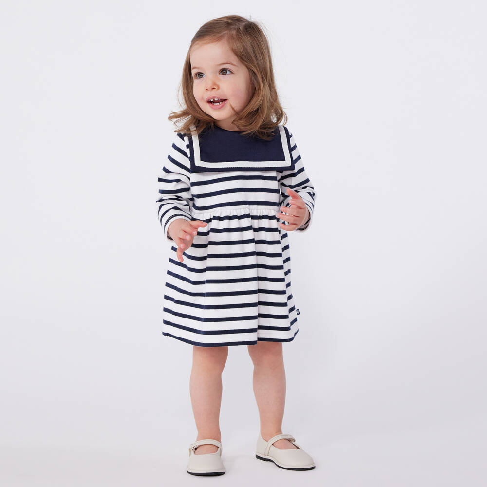 Petit Bateau-Girls Nautical Stripe Dress in Navy | Childrensalon Outlet