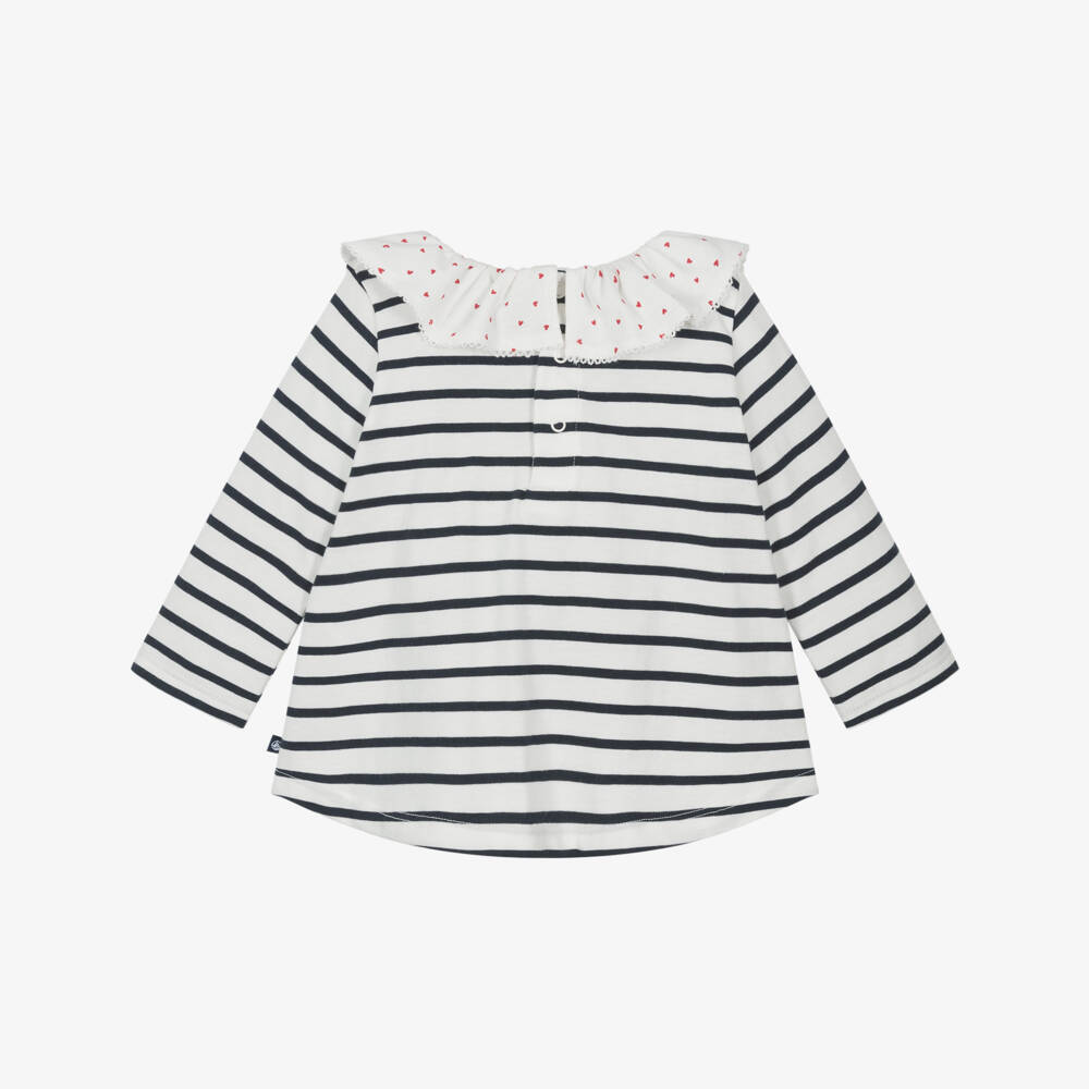 Petit Bateau-Girls Navy Blue Cotton Breton Stripe Top with Ruffle Collar | Childrensalon Outlet