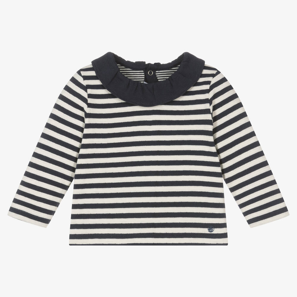 Petit Bateau - Girls Navy Blue Cotton Striped Top | Childrensalon