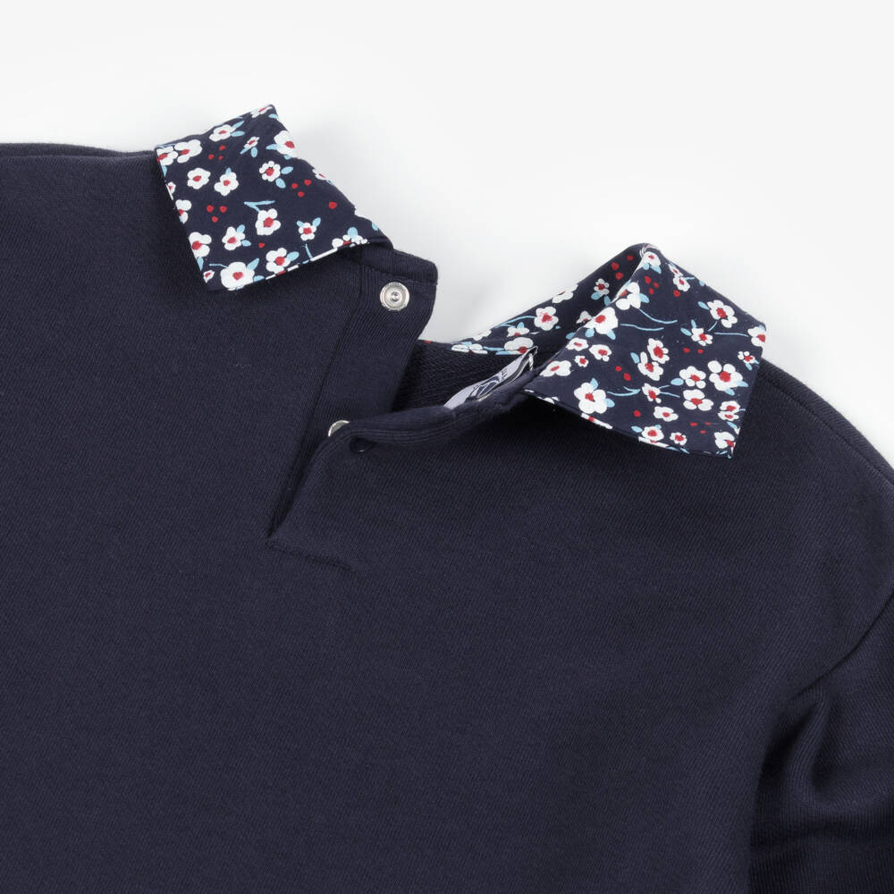 Petit Bateau-Girls Navy Blue Cotton Sweatshirt with Floral Collar | Childrensalon Outlet