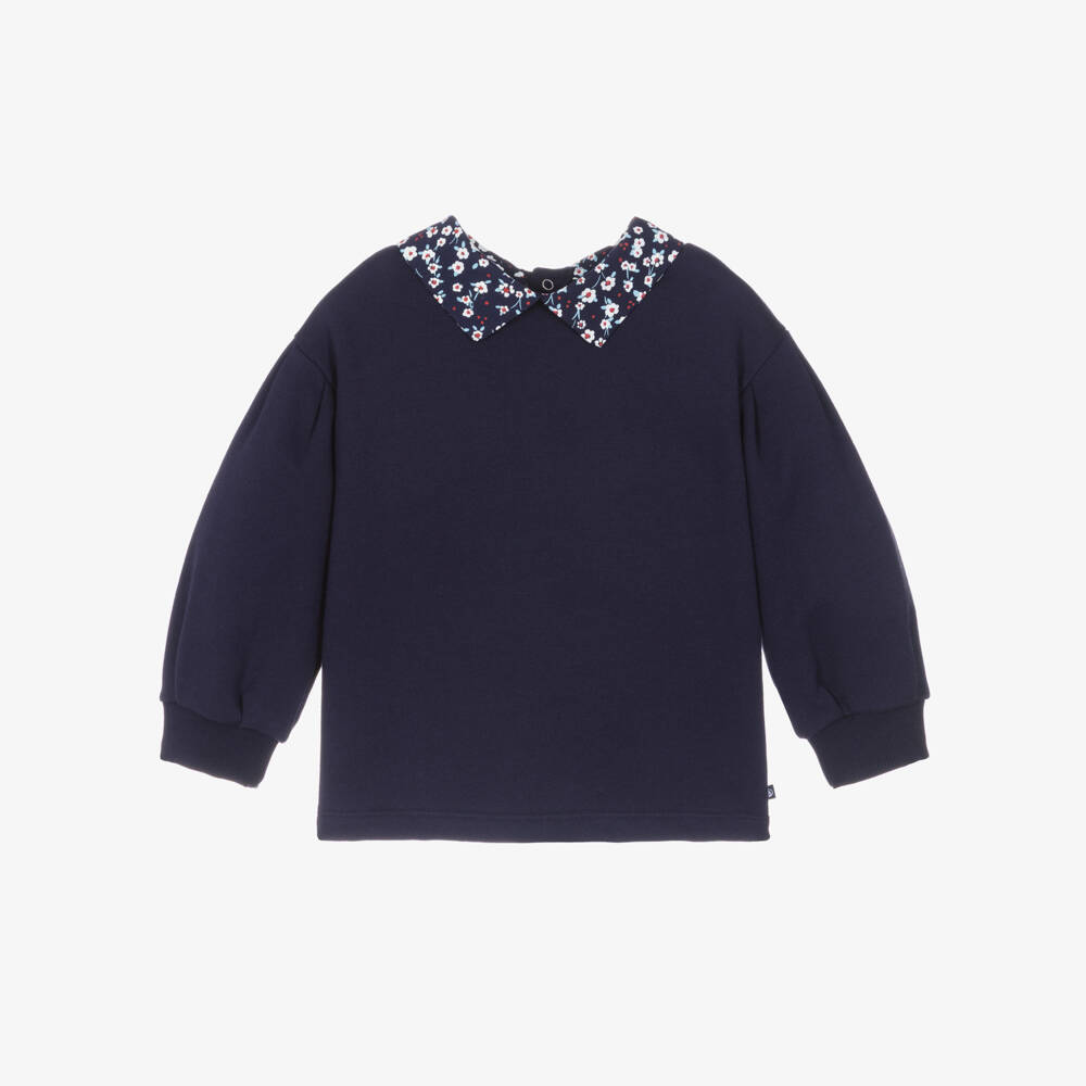 Petit Bateau-Girls Navy Blue Cotton Sweatshirt with Floral Collar | Childrensalon Outlet