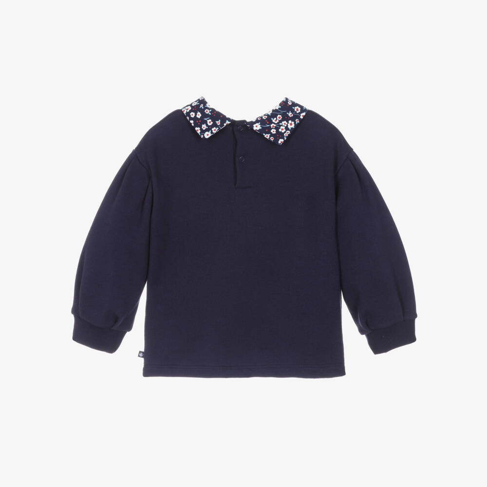 Petit Bateau-Girls Navy Blue Cotton Sweatshirt with Floral Collar | Childrensalon Outlet