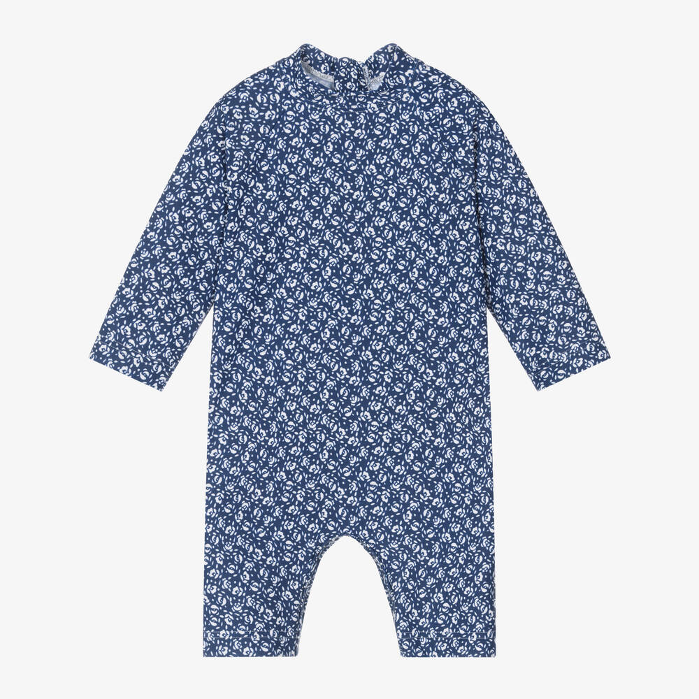Petit Bateau-Girls Navy Blue Floral Print Sun Suit (UV50+) | Childrensalon Outlet