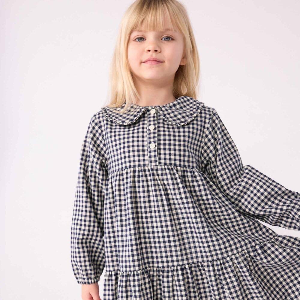 Petit Bateau-Girls Navy Blue & Ivory Gingham Dress | Childrensalon Outlet