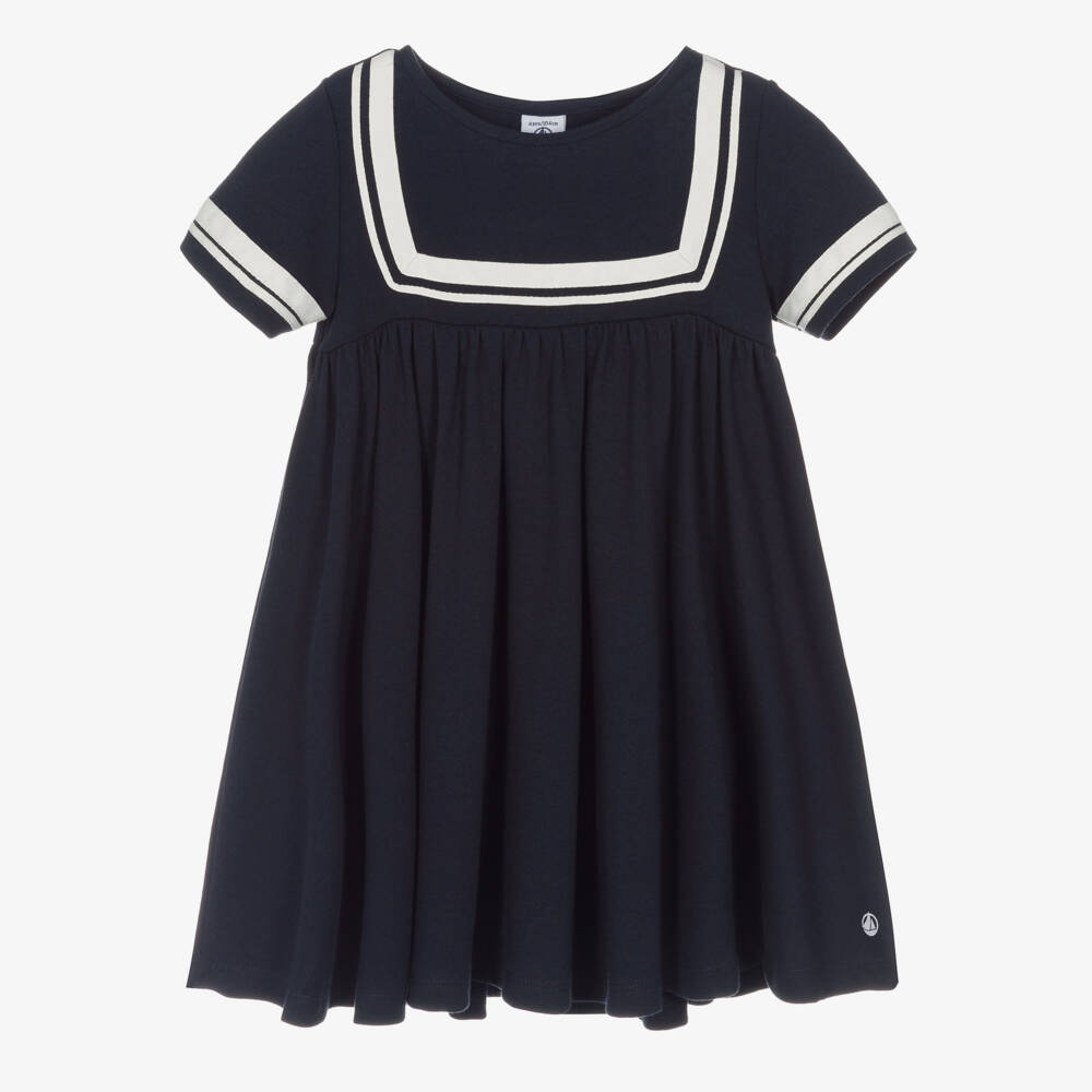 Petit Bateau-Girls Navy Blue Organic Cotton Sailor Dress | Childrensalon Outlet