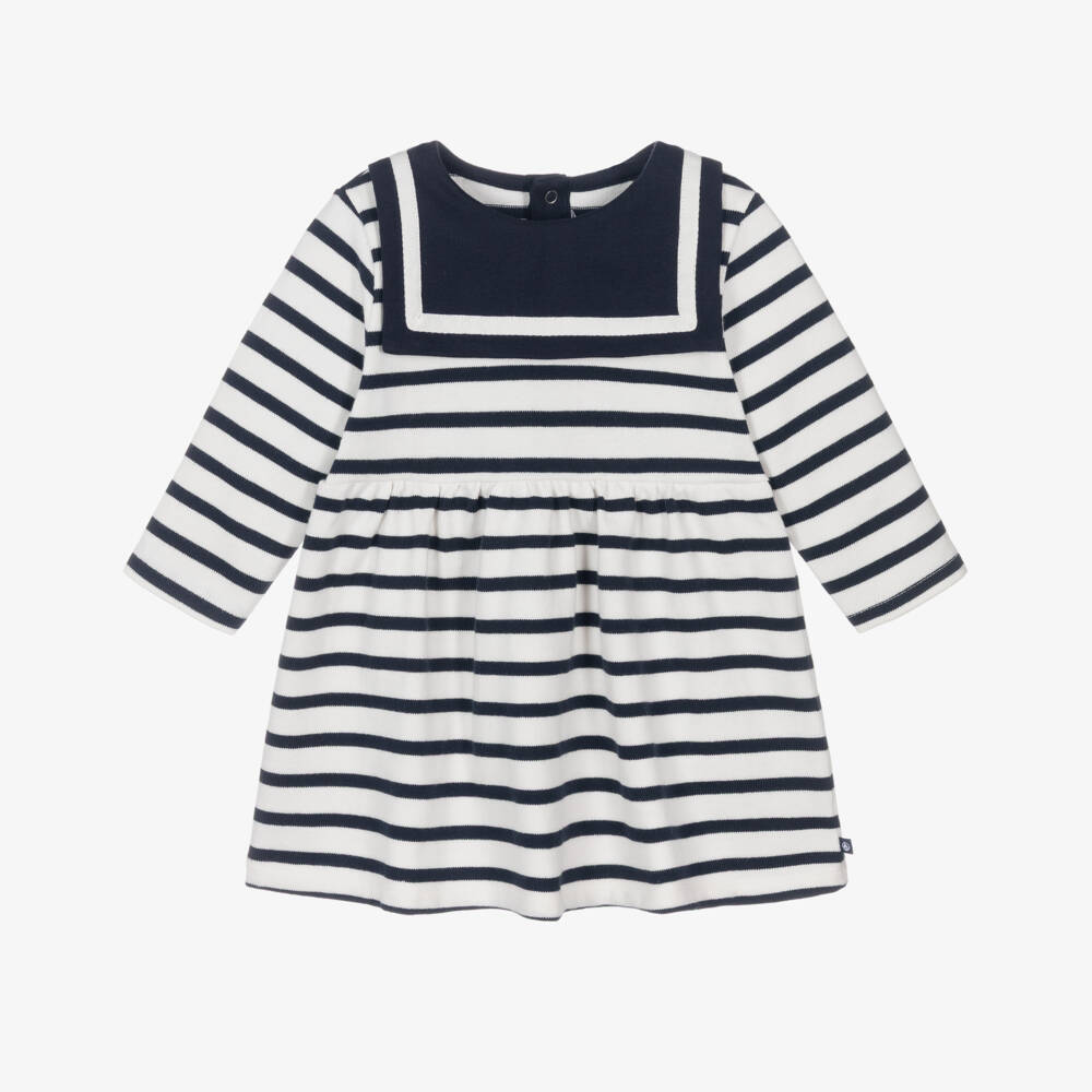 Petit Bateau-Girls Navy Blue & White Breton Stripe Dress | Childrensalon Outlet