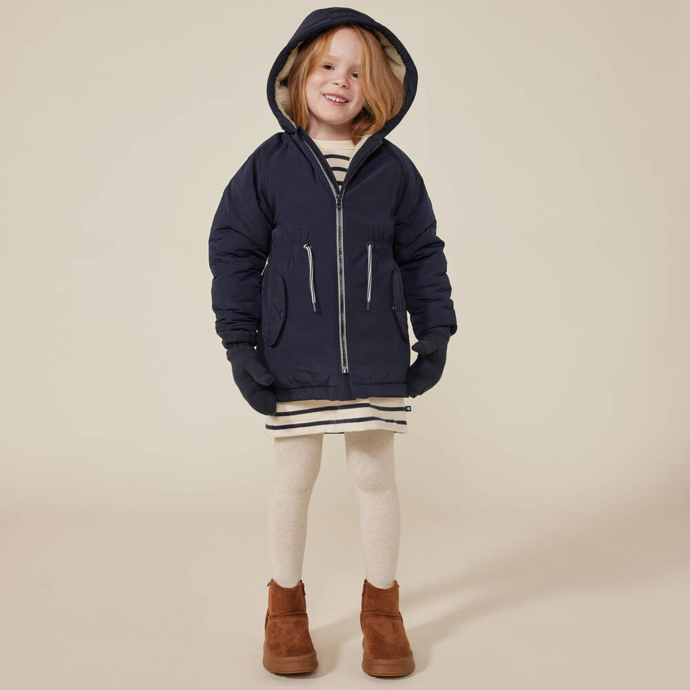 Petit Bateau-Girls Navy Hooded Parka Coat | Childrensalon Outlet