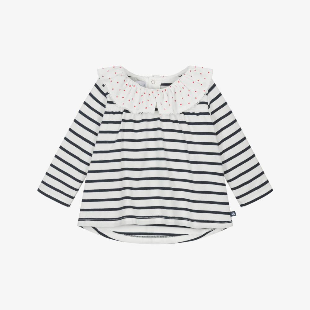 Petit Bateau-Girls Navy Ivory Striped Top | Childrensalon Outlet