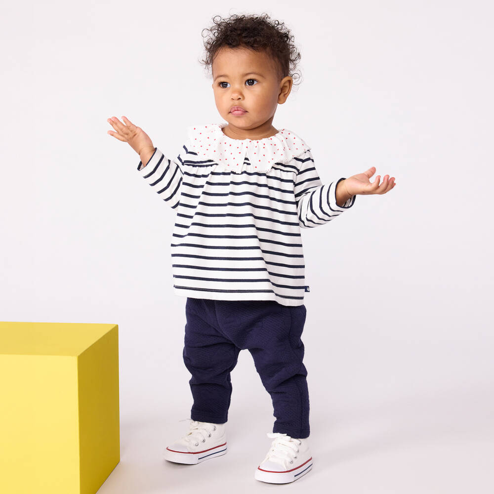 Petit Bateau-Girls Navy Ivory Striped Top | Childrensalon Outlet