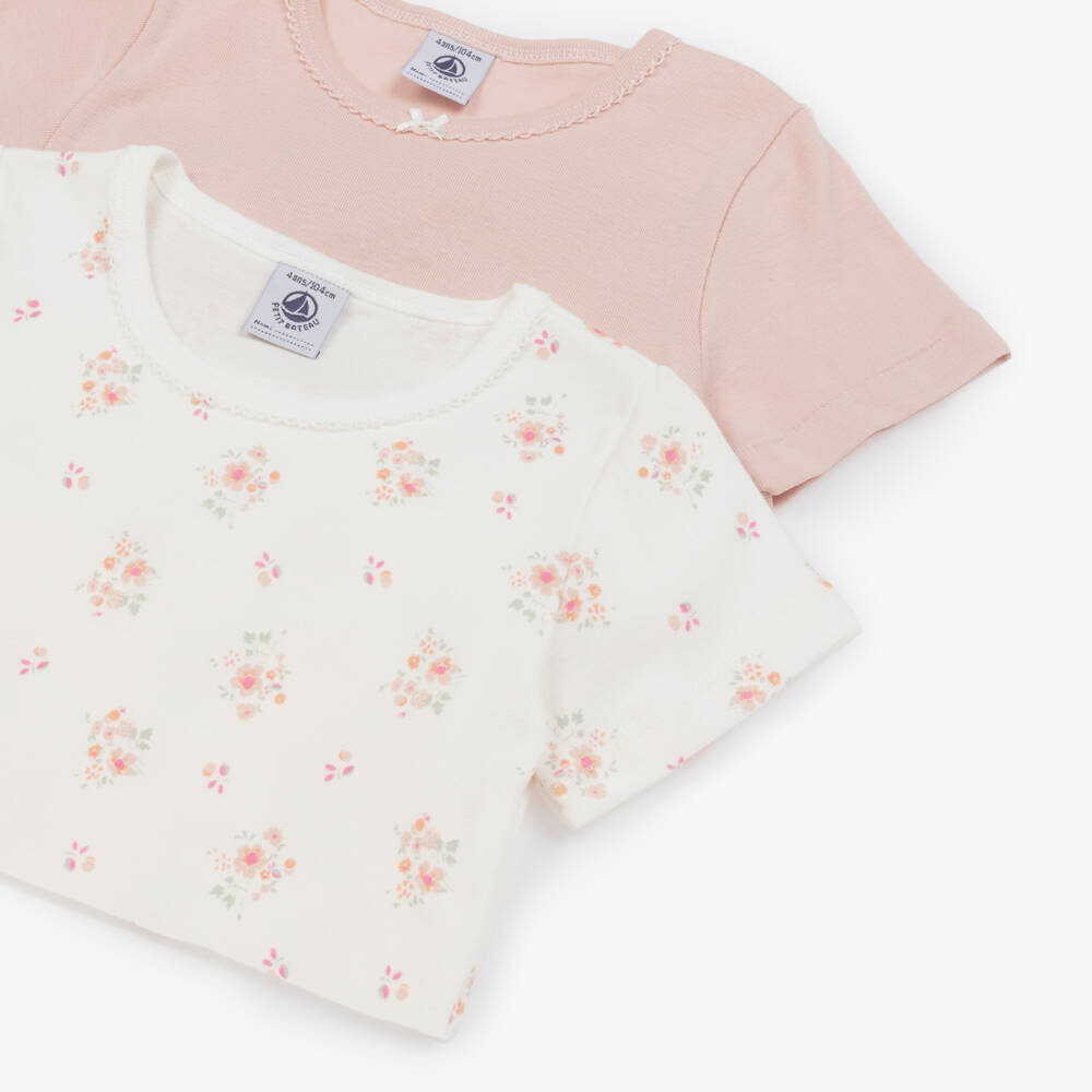 Petit Bateau-Розовая и белая футболка из органического хлопка для девочек (2шт.) | Childrensalon Outlet