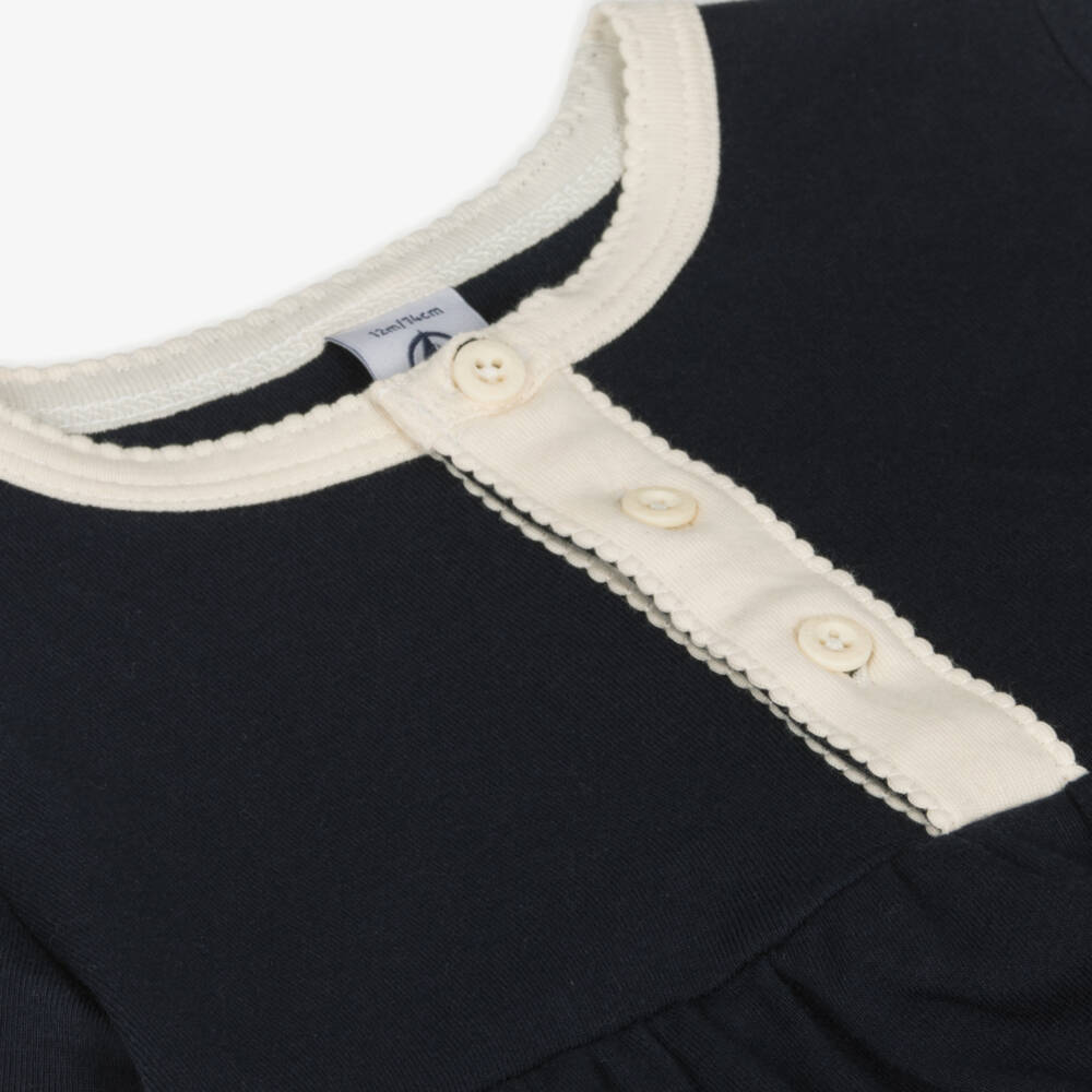 Petit Bateau-Girls Organic Navy Cotton Frock | Childrensalon Outlet
